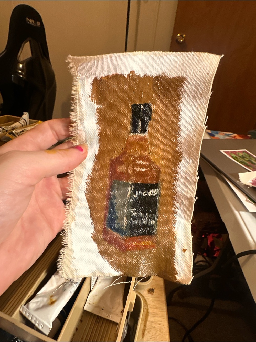 Hand-Painted Bottle Art on Canvas Fabric - Brown and Black